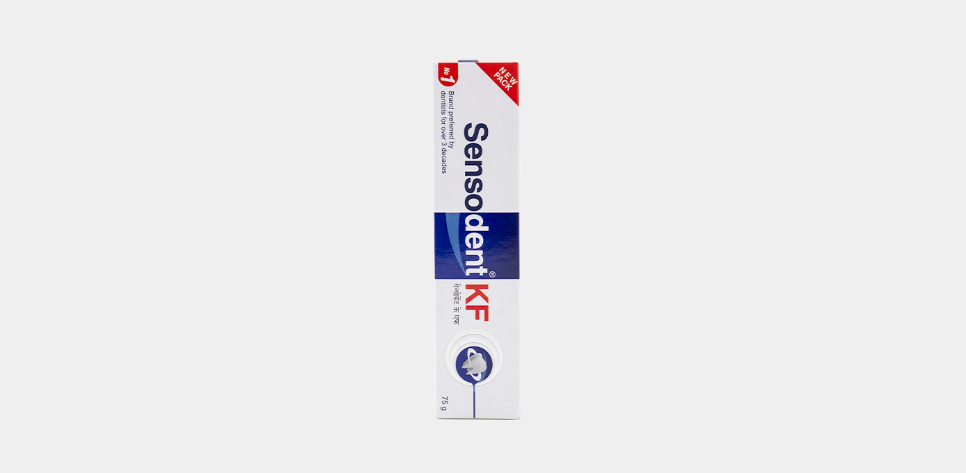 Sensodent K toothpaste packaging featuring a fluoride-rich formula